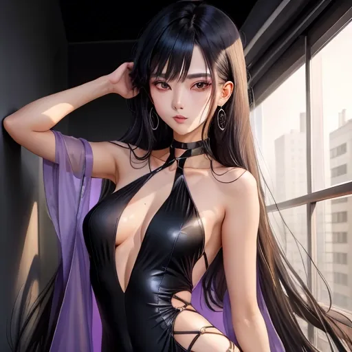 Model like anime girl, black hair, light purple eyes, seductive facial features, seductive eyes, 177cm, slim figure, detailed background, Ultra-high resolution, vivid coloring, perfect body, wearing an simple holter neck black dress with slits on each side of legs
