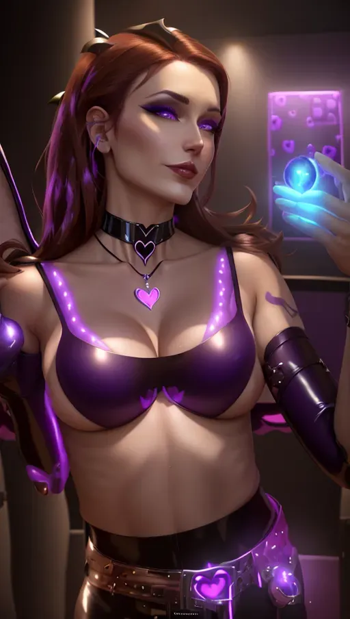 perfect boobs, perfect body, 20, air kiss, seductive, latex, leather, succubus, charming, magic force, corrupted, corruption, demon wings, demon tail, nude, heart choker, heart necklace, purple glowing, purple heart nipple patches, heart, brown hair