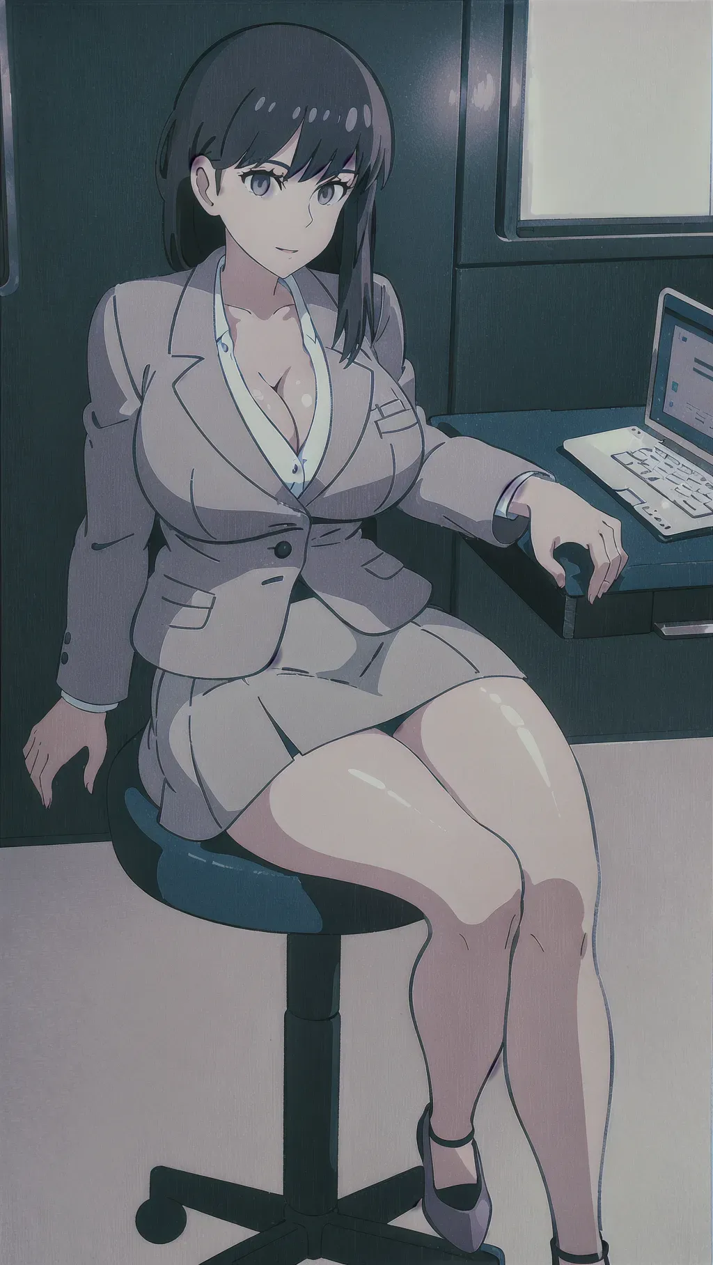 News reporter sitting at a desk, wearing grey miniskirt with matching blazer, big breast, unbuttoned, cleavage, <lora:dpmg_ghibli_style:1>