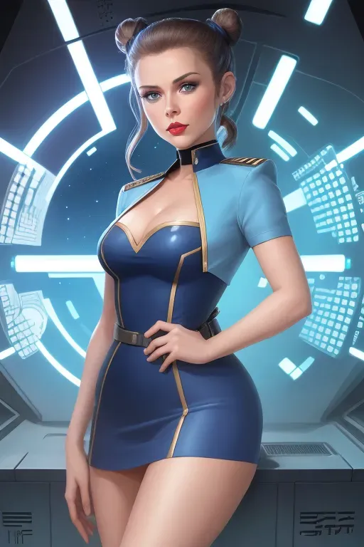 Star trek the original series, female, science officer, lieutenant, big breasts, cleavage, hair bun, blue eyes, red lips, solid blue one-piece hip length skirt, average waist size, pussy, panties showing a little, high boots,