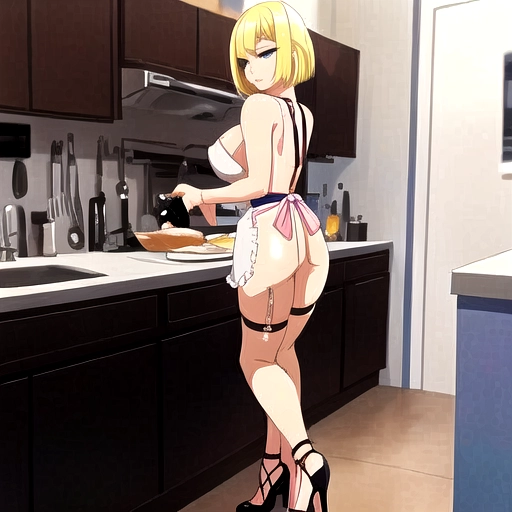 Pretty girl with a blond bob. She is naked, wearing only an apron, seen from behind preparing a meal in a kitchen. She is wearing high-heeled shoes with an ankle strap. Her breasts are generous.