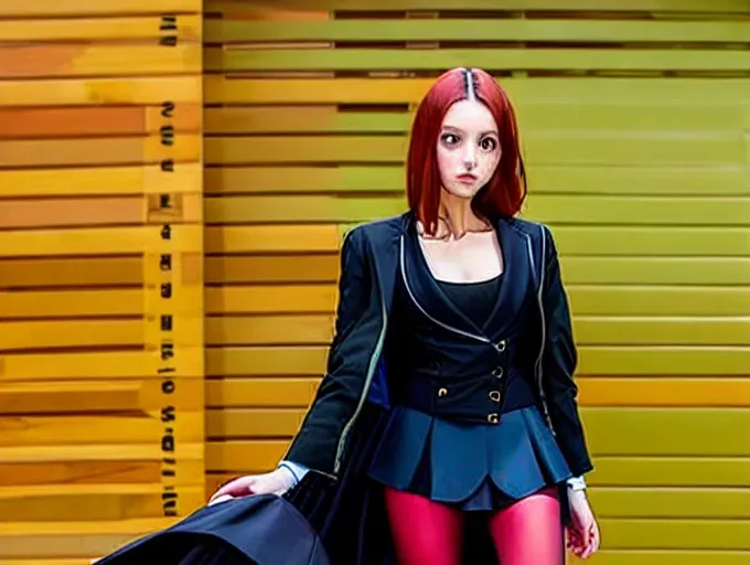 Woman wearing black skirt and asymmetric jacket. 1 woman.