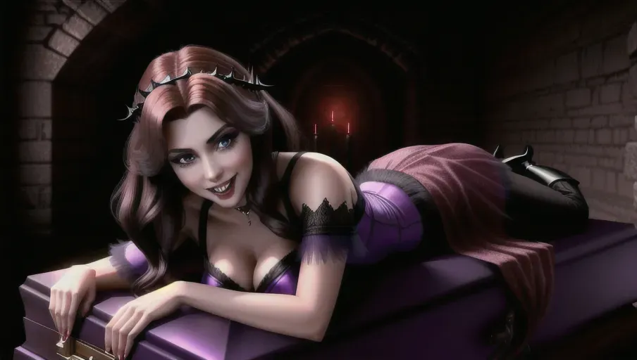 in a dark and very foggy castle crypt. laying in a coffin, pretending to be a vampire with prominent fangs and a sweet alluring smile, the beautiful auburn haired Anna of Arendelle.
photorealistic. High resolution