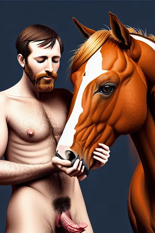 A digital painting of a man having sex with a horse, vaginal penetration, animal genitalia, cum, male on female