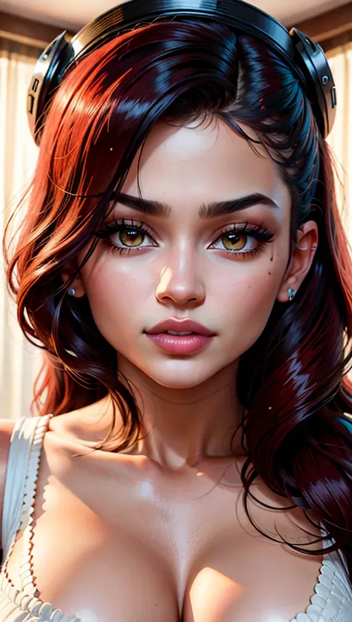 best quality, (((ultra high res))), (detailed face and eyes), Kylie Jenner, bedroom, kiss, face closeup, kissing the viewer