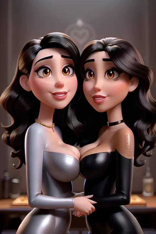 kissing, making out, kiss, 2girl, hourglass figure, big breasts, perfect beautiful face, ((Blackhaired LiluC)) and ((Brunette VeraR))