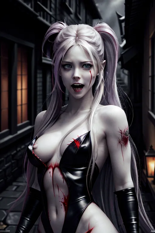 (Avril Lavigne), naked, ultra detailed face, 64k, vampire, razer sharp teeth, vampire teeth, blood on teeth, squinting menacing eyes, evil expression, dark alley, body modification, ultra detailed body image, 4k, ultra realistic, photo realistic,upper body portrait,