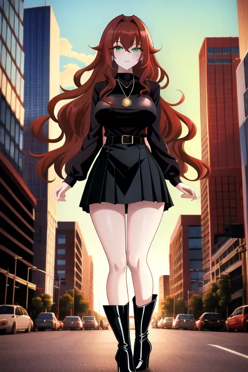 full body, chestnut hair, green eyes, short girl, red miniskirt, black high heel boots, looking at viewer, long hair, pale skin, black necklace, black blouse, 24 years old, giant breasts, cute face, pov, wavy hair, city environment, Oklahoma City