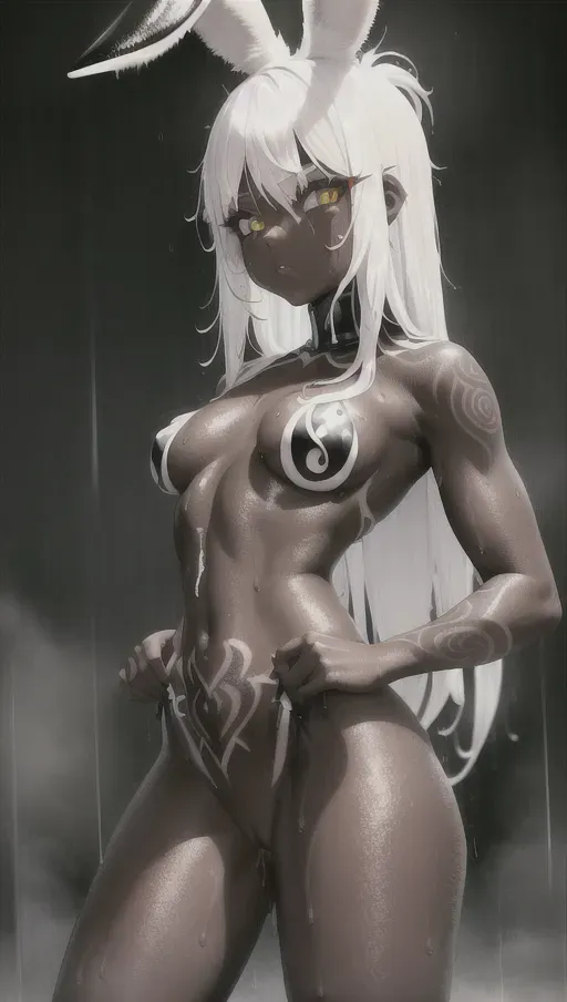 viera, goth, wet skin, flat chest, small breasts, white hair, brown skin, tribal tattoos, ultra realistic, high def, milk, naked, rimlit body, slick with sweat, muscles, strong, rainy night, foggy Longdon street, legs spread, pussy open, squirting