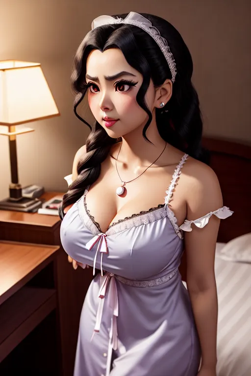 a photograph of,nezuko kamado,wearing nightie,standing,in a hotel room,big breasts,five fingers per hand,fishtail hair,charming face,beautiful lips,detailed large eyes,curved eyebrows,curved eyelid,textured skin,peaceful,wearing necklace,cgsociety,bokeh,unreal engine,editorial,studio lighting