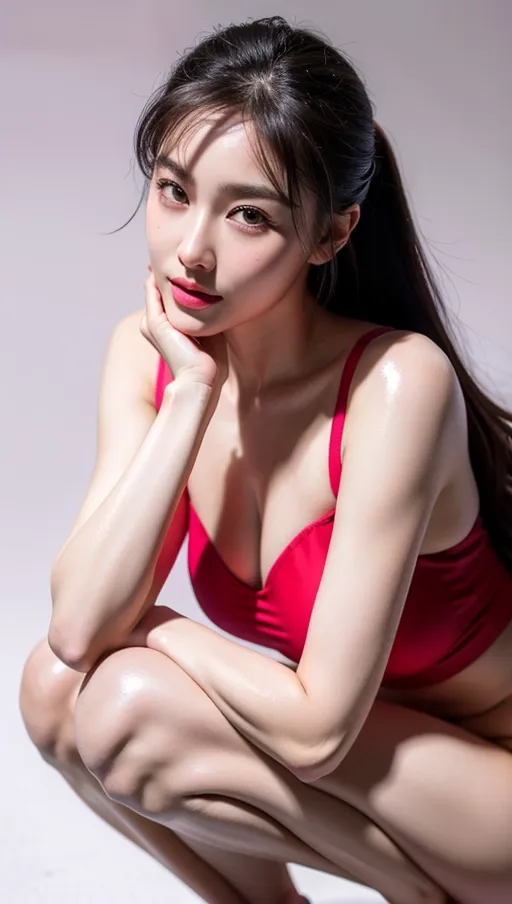 (best quality:2.0), (masterpiece:1.2), high resolution, (photo realistic:1.9), Korean sexy super model, perfect face propotion, nsfw, (thick sports shoes:1.0), navyblue swim suit, thong, (deep squatting:1.1), knee socks, legs wide open, font view of body, thick eyebrow, (marble face:1.2), long neck, small lips, large hair band, full bangs, pony tail, ultra large sparkring brown eyes, double eyelids, cheek blush, round cheek, sexy posture, muscular long legs, cleavage, (shiny pale skin:1.5), big coy smile, beautiful constriction, broad forehead, ultra detailed fabric, detailed skin, dropping eyes, luxury tropical poolside, palm trees,