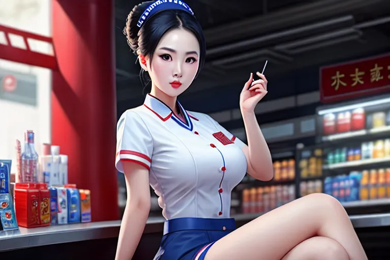a oil painting of,a chinese girl,wearing nurse clothes,sitting,at the convenient store,amazing breasts,five slender fingers,updo hair,gorgeous face,beautiful lips,blue eyes,curved eyebrows,pale skin,peaceful,tattoo,surreal,cgsociety,bokeh,8k,professional