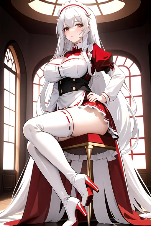 long hair, white hair, brown eyes, red maid uniform, miniskirt, giant breasts, looking at viewer, in living room, high heels, pale skin, thigh high boots, cleavage window
