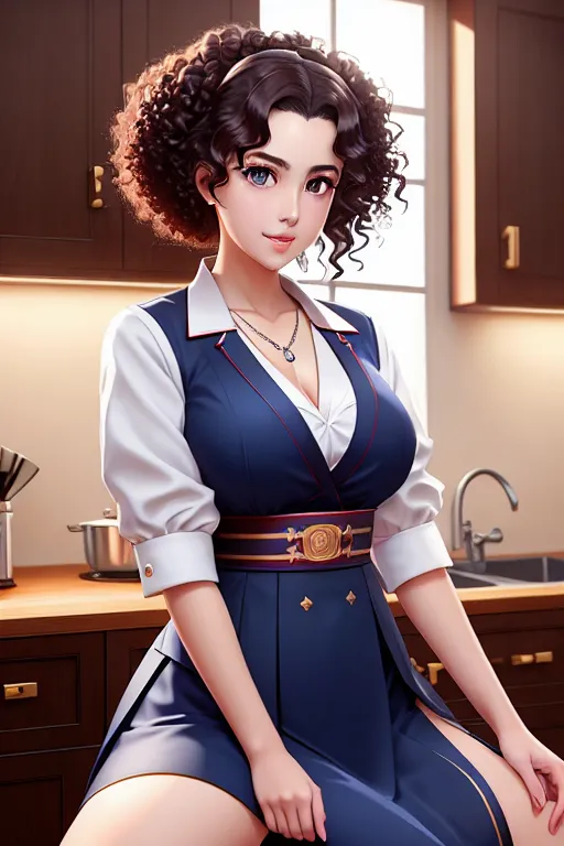 a illustration of,an empress,wearing japanese high school uniform,sitting,in the kitchen,big breasts,five slender fingers,curly hair,beautiful face,beautiful lips,blue eyes,curved eyebrows,smooth skin,satisfaction,wearing necklace,8k,cgsociety,editorial,professional,pixiv