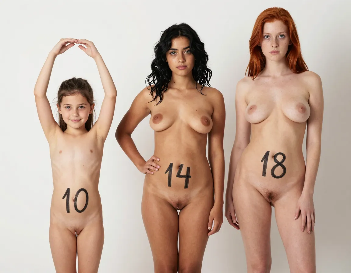 three naked girls of different ages, 10-year-old girl with small undeveloped flat chest, thin waist, narrow hips, no pubic hair, tiny slit, age number 10 drawn in bold black ink on her belly, standing with arms raised above head, slender limbs, small round face, dark brown hair in pigtails, brown eyes, fair skin, shy smile; 14-year-old girl with early puberty, small budding breasts with small areolas, slim waist beginning to widen, slightly rounded hips, sparse light pubic hair, small visible slit, age number 14 drawn in bold black ink on her belly, one hand on hip, other hand touching her shoulder, olive skin, wavy black hair past shoulders, green eyes, slight smirk, angular face; 18-year-old girl with fully developed body, larger firm breasts with prominent nipples, defined waist, wider hips, full thighs, visible pubic area with trimmed hair, age number 18 drawn in bold black ink on her belly, leaning slightly forward with hands on knees, light brown skin, long straight red hair, blue eyes, confident expression, sharp jawline, freckles on cheeks, all three girls standing side by side in a row, slightly staggered height from shortest to tallest, in a plain white studio backdrop with soft diffused lighting, no clothing or accessories, each girl's age number written clearly on her midsection, amateur photography style with natural skin tones, high resolution, detailed body anatomy, realistic proportions, soft shadows on skin, slight grain texture, full body shot from front angle, camera slightly below eye level looking up, each girl clearly distinguishable by age features, youngest girl with most childish proportions, middle girl with adolescent transitional body, oldest girl with mature feminine shape, all three girls looking directly at camera with different expressions of innocence, slight discomfort, and confidence respectively, smooth skin with natural blemishes and veins, detailed fingers and toes, visible ribcage on youngest girl, soft curves on oldest girl, all girls approximately same height in frame with tallest girl on right side, youngest on left, no background objects, pure white, studio lighting from top-left corner, soft shadows cast to the right, realistic human skin texture, no artificial filters, candid yet posed, high contrast between ink numbers and skin tone, numbers on belly positioned center, 10 on youngest, 14 on middle, 18 on oldest, each