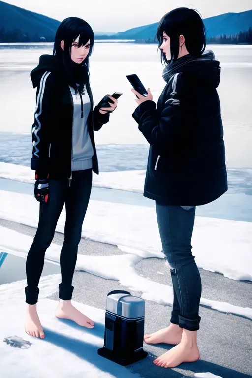 hoodie, black jeans, fingerless_gloves, toeless_gloves, feet, toes, electrical_tape, black_lipstick, standing, fighting, tape, barefoot, lake, ice, frozen, winter, 2 girls, scarf, cell phone,