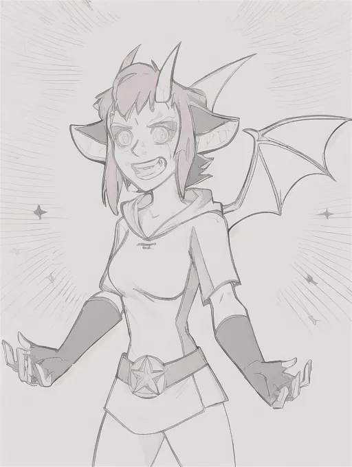masterpiece, best quality, full face, half body, 1girl, solo, short_hair, horns, imp, smile, pink hair, tussled hair, blue hoodie tunic, belt with star long_gloves, mono lens goggles, lineart, bat wings, tail, centered in frame, dynamic, better anatomy <lora:manga_lineart:1>