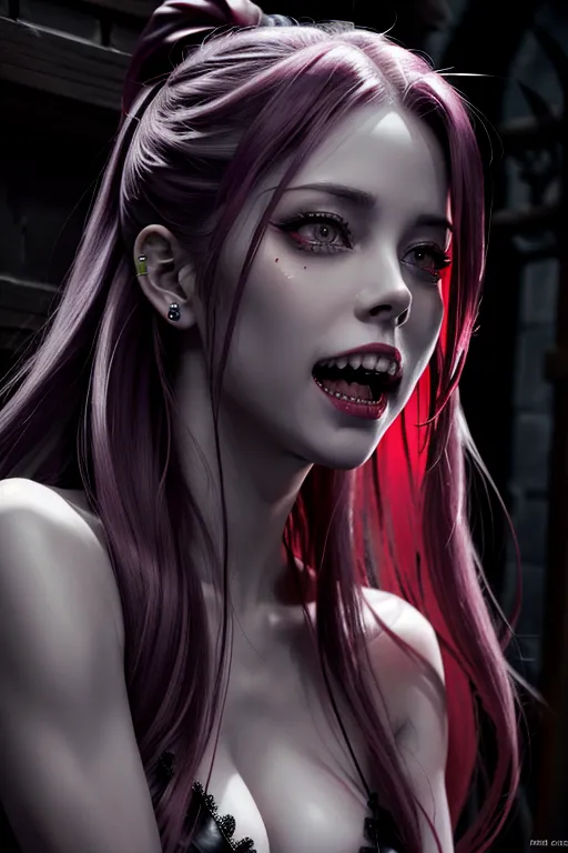 Avril Lavigne naked, ultra detailed face, 64k, vampire, sharp teeth, vampire teeth, red wine dripping from mouth, menacing eyes, hungry expression, dark alley, body modification, ultra detailed body image, 4k, ultra realistic, photo realistic,