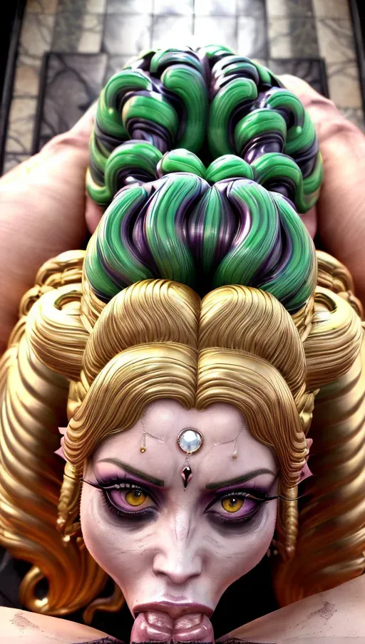 A beautiful Gorgon anthro woman and a statuesque man, ((dpmg_pov_blowjob_v1)), pink marble cock, Gorgon has hair made of living snakes, (shiny yellow eyes), beautiful hypnotic eyes, detailed eyes, (Gorgon wears a greek dress), <lora:dpmg_add_detail:1>, light fog, realistic, best quality, masterpiece