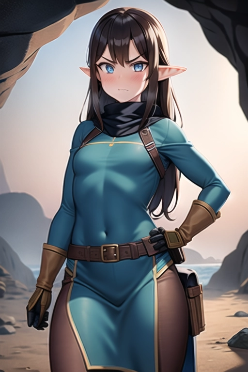 1girl, elf girl, adult woman, brown hair, hot, sexy, small breasts, (((fully clothed))), adventurer, (((hunter clothes))), (((underground cave))), beautiful, perfect image, good art, (((modest clothing))), blue clothes, angry reaction, proud face
