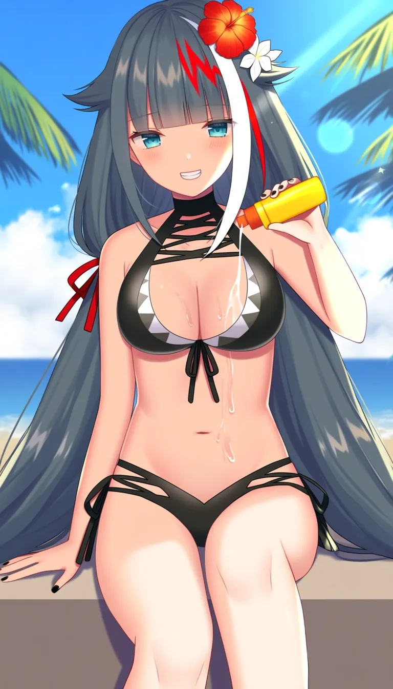A digital artwork by @izumo neru. The image is a piece of digital fanart depicting Deutschland from Azur Lane in an alternate swimsuit costume. The art style is anime, with a focus on smooth lines and soft shading. The perspective is a slightly low, close-up angle, focused on Deutschland sitting on what appears to be a low wall by the beach. She's got long, multicolored hair (grey, white and red streaks) with blunt bangs, styled with a red hibiscus and white flower. She’s wearing a revealing black bikini that exposes significant cleavage, her navel, and much of her legs. She's applying lotion from a yellow bottle to her chest and a significant amount of it drips down her cleavage and onto her stomach. Her expression is a pleased, slightly open-mouthed :D grin, and she's looking directly at the viewer. Her black nails are prominent. The background is a blurred beach scene with a bright blue sky, lens flare, and partially visible palm fronds. The overall aesthetic is high-quality, with a strong focus on the character's attractiveness. The image is sharp, with a shallow depth of field blurring the background to emphasize the character.