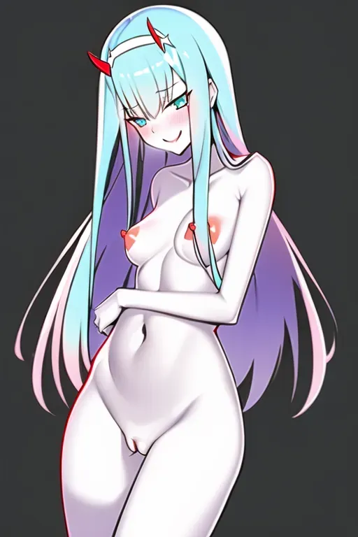 <lora:dpmg_zerotwo:1>, <Darling in the franxx>, <HD sexy naked>, <sexy hands pussy small nipples>, (sexy tall slim body), (sexy 50 DD cup boobs), (shiny hair), (two red horns small), pale Smoove skin, (turquoise eyes), submissive, super happy, <<masterpiece>>, <<texture skin>>,