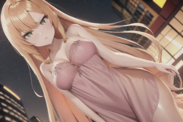 wide shot, 20 year old, an anime girl, insanely beautiful, nightie, gold, mall, sunset, spot light, angry, 8k, professional