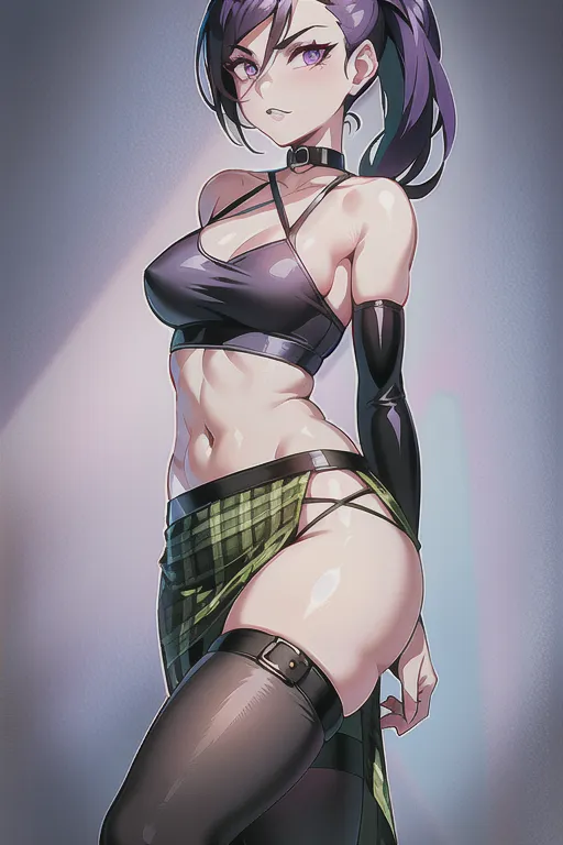 Sam Manson goth girl from Danny Phantom Cartoon is a slim, fair-skinned Caucasian girl, possessing violet eyes, thick brows and chin-length straight black hair with a ponytail at the top back of her head with a green hair tie. She also dons purple lipstick for makeup, Despite her otherwise thin physique, her outfit emphasizes her figure mainly her hips, wearing all black color scheme with purple and green accents, featuring a simple black choker around her neck, as well as a tight black cropped tank top, which has a purple oval printed on the center, She also wore thick black bracelets on both her wrists, as well as a skirt with a green crosshatch design, giving away to her purple tights, She completes her look with a pair of large black biker boots, with metal-like soles. Aged down, deaged, ((flat chested)) slender body, wide hips, ((plaid skirt))