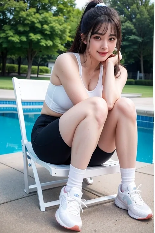 (best quality:2.0), (masterpiece:1.4), high resolution, (photo realistic:1.9), Korean sexy super model, perfect face propotion, nsfw, (thick sports shoes:1.2), navyblue sports wear, knee socks, thick eyebrow, (marble face:1.2), long neck, small lips, large hair band, full bangs, pony tail, ultra large sparkring brown eyes, double eyelids, cheek blush, round cheek, sexy posture, muscular long legs, cleavage, luxury chair, (shiny sweaty ultra pale skin:1.5), big coy smile, beautiful constriction, broad forehead, ultra detailed fabric, detailed skin, dropping eyes, luxury tile poolside,