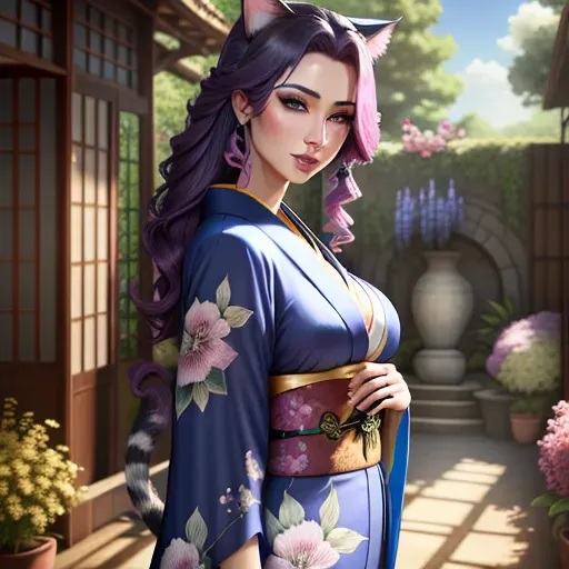 pencil drawing, 20 year old, a cat girl, insanely beautiful, kimono, blue, garden, daytime, natural light, lustful, 8k, professional, <lora:dpmg_carrying_sex:1>