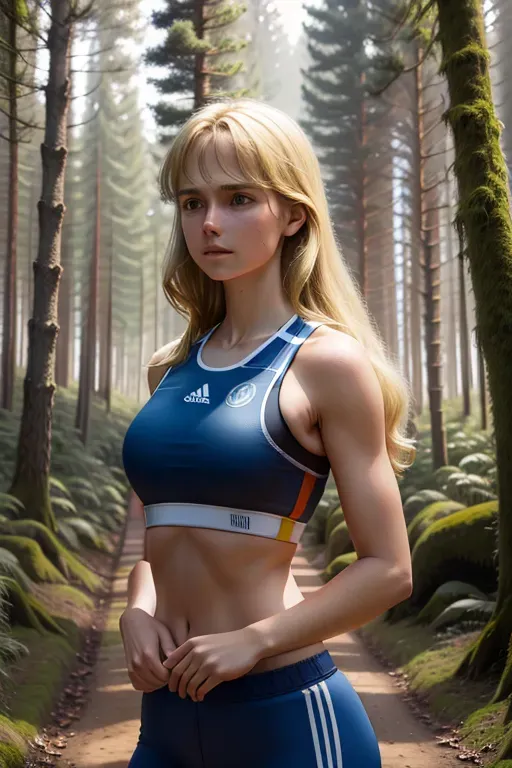 three, Best quality, realistic, wearing sports, bra, blond hair, dutch, in a forest