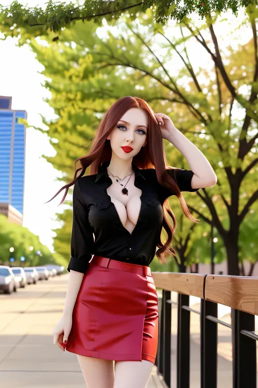 full body, chestnut hair, green eyes, short girl, red miniskirt, black high heels, looking at viewer, long hair, pale skin, black necklace, black shirt, 24 years old, big breasts, cute face, pov, wavy hair, city environment, Oklahoma City, wide eyes, erotic, skirt tug