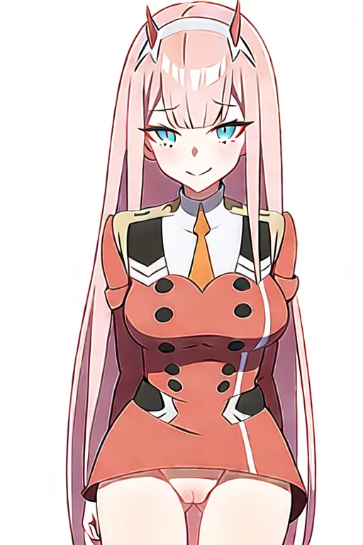 zero two (darling in the franxx), fully naked, wet pussy, darling in the franxx, 1girl, aqua eyes, arms behind back, bangs, blunt bangs, breasts, closed mouth, cowboy shot, hairband, horns, leaning forward, long hair, looking at viewer, medium breasts, military, military uniform, necktie, oni horns, orange necktie, pink hair, red horns, smile, solo, standing, straight-on, uniform, white background, white hairband, <lora:dpmg_zerotwo:1>
<lora:dpmg_fingering:1>