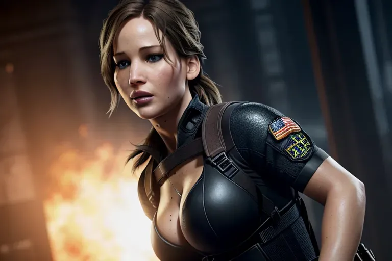 a concept art of,Jennifer Lawrence, confident, in resident evil, in black tactical pants, black military armor, gun holsters, combat boots, five fingers per hand,brown hair, ponytail,bangs,charming face,beautiful lips, deep eyes,curved eyebrows,textured skin,cgsociety,8k,unreal engine,highly detailed,artstation, deviantart, cinematic, sharp image, centered, medium close up, 8k,studio lighting, head in frame, long neck