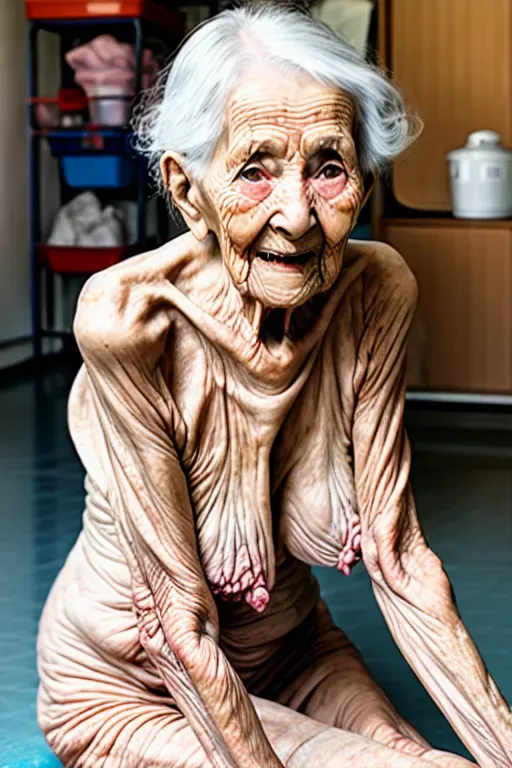 (great grandmother),(nude),(90 years old), skinny, in garage, sweeping floor , (wrinkled skin), (wrinkled legs),(showing pussy), shocked expression