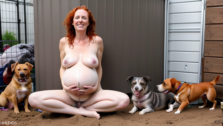 Beautiful Dirt covered homeless woman, 9 months pregnant, dirty ginger hair, nude, no pants, exposed vagina, exposed breasts, (background dog kennel filled with dogs), legs spread, tired happy face, pet dog, legs spread, dog aroused, dog cum