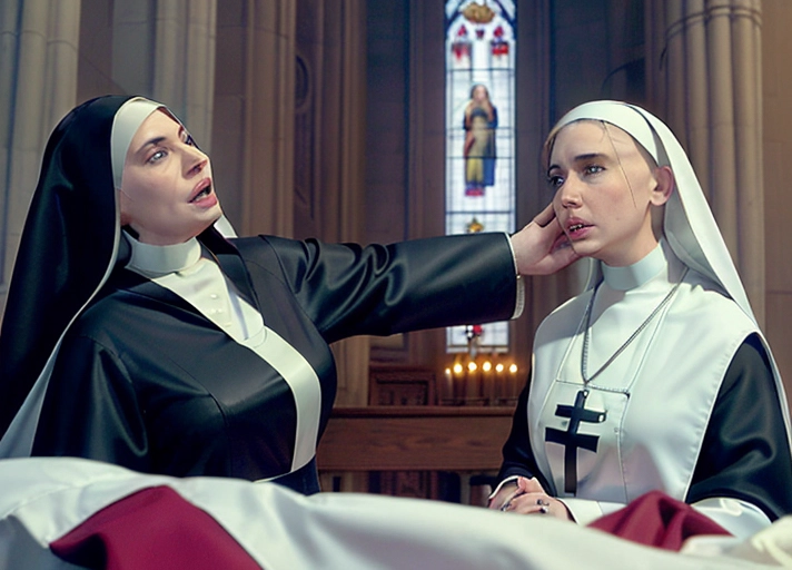 (((Highly detailed))), (((((((scene with only one female nun and one male priest))))))), (((((((Christina Hendricks with insane curves))))))), (((((((gigantic overflowing breasts))))))), ((((Christina Hendricks is the female nun)))), ((Christina is wearing a nun habit but otherwise completely naked)), ((the habit fully covers the hair of Christina)), ((in a church basement at night)))), (the room is dark only lit by candles), (((((((Christina is in heavy bondage))))))), (((((the priest has a sadistic look of glee on his face))))), ((the priest is an old man with grey balding hair)), (((((Christina is horrified and ashamed))))), (((((Christina is crying))))), (((((the priest is forcing Christina to perform sex acts for on him))))), (((((misogyny))))), (((((sexual misconduct))))), (((((sexual abuse))))), (((((abuse of power))))), (((((((one man and one woman))))))) (photorealistic)