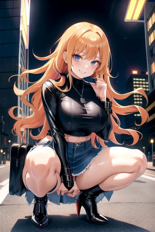 full body, strawberry blonde hair, hazel eyes, short girl, denim miniskirt, black high heels, looking at viewer, long hair, pale skin, silver necklace, black crop top, 24 years old, giant breasts, cute face, pov, wavy hair, city environment, Oklahoma City, wide eyes, erotic, skirt tug, leather jacket, nighttime, black backpack, slim body, low pigtails, squatting, smiling, vagina, upskirt