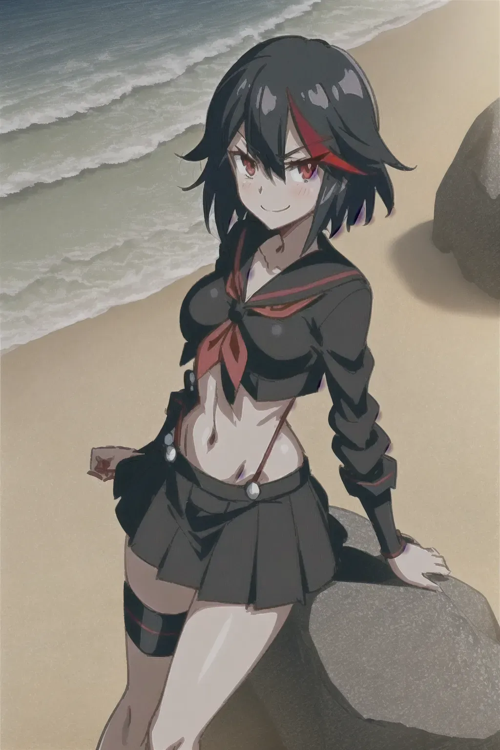 ryuko matoi, kill la kill, slender body, tall body, wearing black red 100 ((sengetsu)) kill la kill, normal black skirt, black leg stockings with red ((straps)) (connected) to black mini skirt, black gloves, red Boy Scout kerchief, red eyes, shiny 250 short hair down, normal boobs, ((masterpiece)), (texture skin), dark outline, translucent, clean line work, highly detailed, high definition, HD wallpaper background Summer beach, sand, waves, rocks, smile, double pass