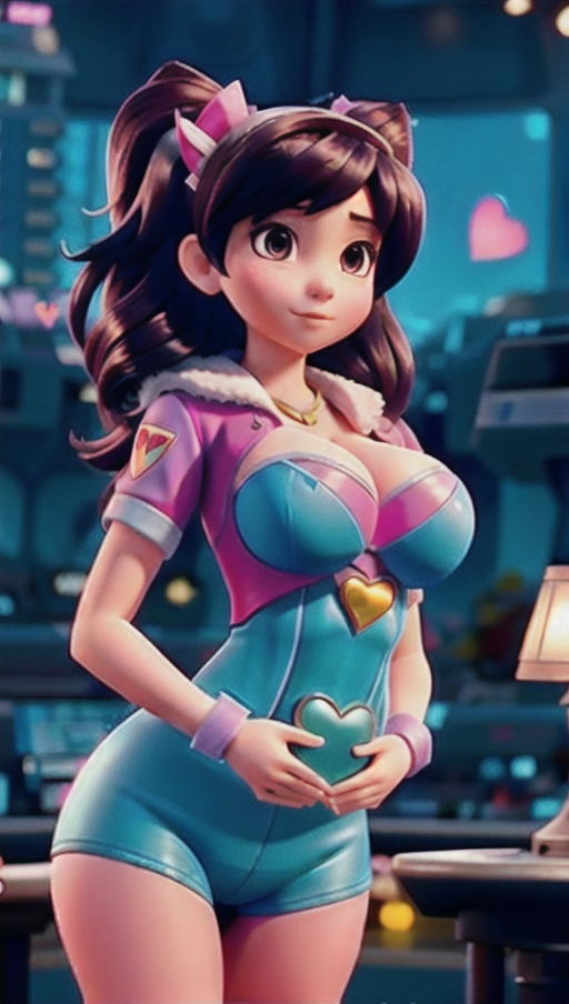 Hd Disney style picture, dva overwatch with hands cuped together in a heart shape squeezing boob in police top,hourglass figure,huge thighs,huge breasts