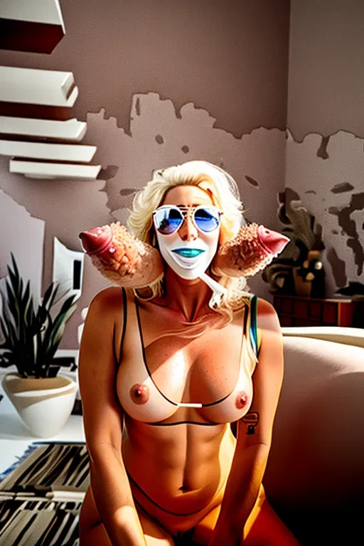 Naked, with a cock in her mouth
