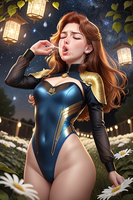 Colour picture of a beautiful 20 year old English girl, medium length auburn-brown hair, pale complexion, brown eyes, in a flower garden at night, starry sky, lit by lanterns, elaborate blue and gold patterned leotard, beautiful face, standing, fit, highly detailed, correct human anatomy, looking at viewer, front, closeup,She must be having a powerful (((sneezing fit))) ((sneezing)) allergy, hay fever, with nostrils flaring, ((eyes closed)) and ((mouth wide open)),
