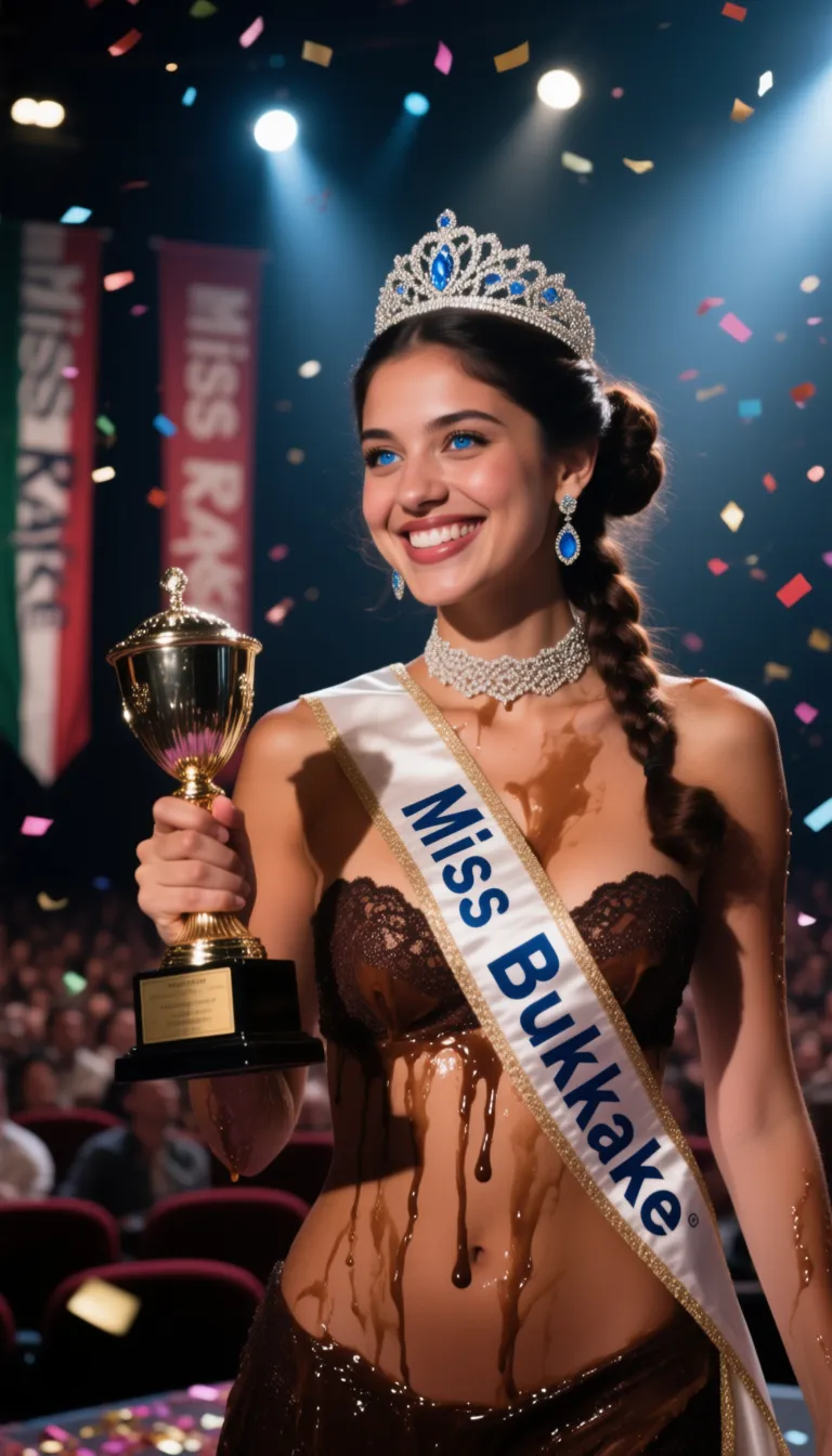 1 hot (Mexican) woman (brunette) (18 years old) (topless) (covered with cum:1.4) has just won the election of Miss Bukkake 2025, she has a shiny tiara on her braided bun hair, she looks extremely happy with a (large smile:1.3), (blue eyes:1.2), she holds her trophy, (close-up), (cum on hair, cum on face, cum dripping on breasts:1.4), perfect natural breasts, (lace choker),
she wears a sash with the text "Miss Bukkake" across her body, (dark suntanned skin:1.3),
on stage of a crowded theater, bright light coming from spotlights, vertical banners "Miss Bukkake" in background, (confetti flying around her:1.4)