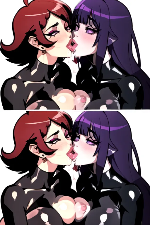 A picture, 2 different women. Lesbians kissing, two women kissing and holding each other short red haired girl, getting kissed, messy hair, purple eyes, sweater, (torn clothes), massive breasts, breasts exposed moaning, open mouth, sex, nsfw , drenched in cum, cum in mouth, saliva trail, saliva. Sloppy kisses, plump lips, drooling, Thick sticky spit, high quality, glistening,good tongue, open mouths, drooling, spit on faces, bubbly spit, spit trails, lots of saliva, swapping spit, long tongues,chubby cheeks, purple eyeliner, winged eyeliner, blush,curvy waists, touching each other, crisp, open eyes, smiling, cheeky, kisses, lipstick, make up, sucking each others spit, sucking lips, licking, holding hands in throat, holding hands on backs of their hair, messy hair, layered colours in hair, highlights, hair highlights ,add_detail,bukkake, runny_makeup,