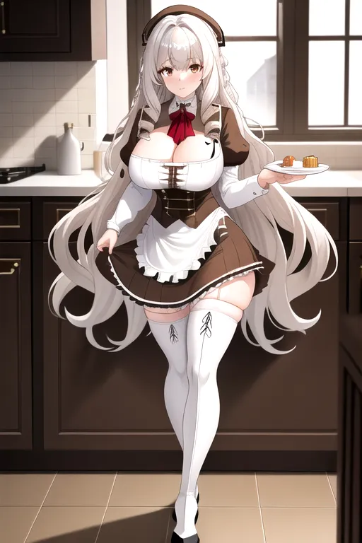 brown maid uniform, wavy hair, long hair, white hair, brown eyes, high heels, miniskirt, in kitchen, 4k, looking at viewer, pov, 1girl, cleavage, giant breasts, pale skinm thigh high boots