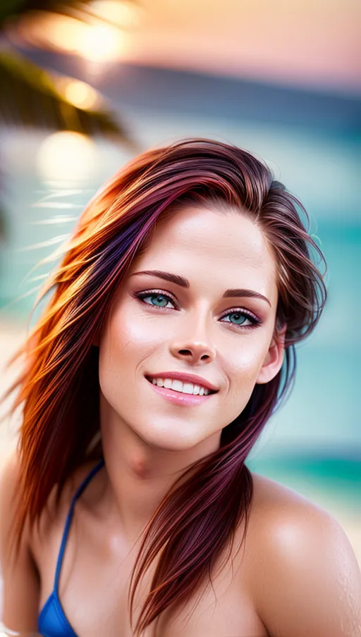 8k High resolution photoreal colored portrait photography,(Kirsten Stewart), natural skin,
High Definition skin, high definition hair, wearing a sexy bikini,
romantic evening mood on a Caribbean beach at sunset, a palm tree sticks out from the beach into the sea, smiling, happy expression, (laughing), (establishment shot),
(<lora:dpmg_add_detail:0.8>), cleavage,
detailed glossy eyes, beautiful lips, detailed face, detailed textured skin, photorealistic, realistic detailed hair, pretty teeth, textured imperfect skin, sweating lightly, realistic pretty feet, (accurate realistic eyes), realistic teeth, realistic mouth, pubic hair, realistic skin color, realistic skin tone,realistic hair color, realistic hair tone, five realistic pretty fingers, five realistic toes per visible foot,accurate skin color, accurate skin tone,accurate hair color, accurate hair tone, (accurate hair cut:1), (accurate facial shaped:1),(detailed anus:1) (detailed innie vagina:1),
pretty teeth, textured skin, (pores),
(8k RAW photo), (best quality), (masterpiece:1.3), (photo-realistic), studio lighting, rim lighting, hair highlighted, UHD, Nikon Z5, (50mm lens), f2.8, sharp focus, tack sharp, dof, film grain, Fujifilm XT3, (bokeh), dramatic lighting, rim lighting, subsurface scattering, volumetric lighting, focused, intricate detailed background, dramatic pose, dramatic pov, dramatic angle, dramatic lighting, cinematic composition, (cinematic lighting), HDR, (highest quality:1.8), highest resolution, (photo-realistic:1.72)
--s 200 --v 5.2