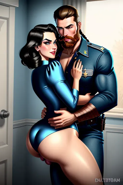 A 1950s housewife being held and fucked by a county sheriff, fair skin, braided brunette hair, dark eyebrows, blue seductive eyes, small nose, sharp cheekbones, soft cheeks, sharp chin, full lips, orgasm smile, tattered pink blouse, thin figure, small breasts, thin thighs, thin ass, being fucked by a redhead County sheriff with a throbbing dick, red beard, Andy Taylor, muscles, tall, erect dick, vaginal sex, high definition, 4k quality, cinematic lighting, great shading, excellent detail, five fingers per hand, <lora:dpmg_carrying_sex:1>
