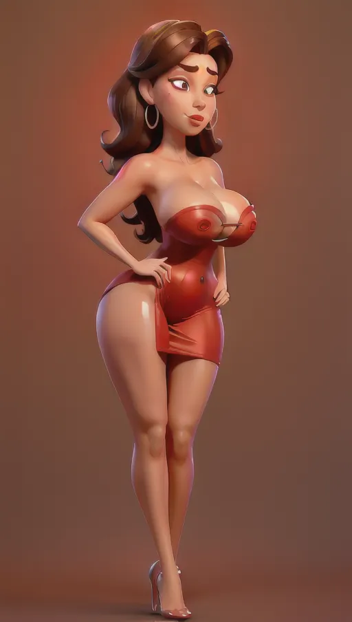 Front view, full body,nude Sexy middle aged woman, mid length dark brown hair, big tits, big nipples, big areola, head bent forward looking down, eyes closed, lips puckered for kiss, sexy facial expression, wearing sexy bright red dress, slutty, red lipstick, small hoop earrings <lora:under_boob_cut_out:1>