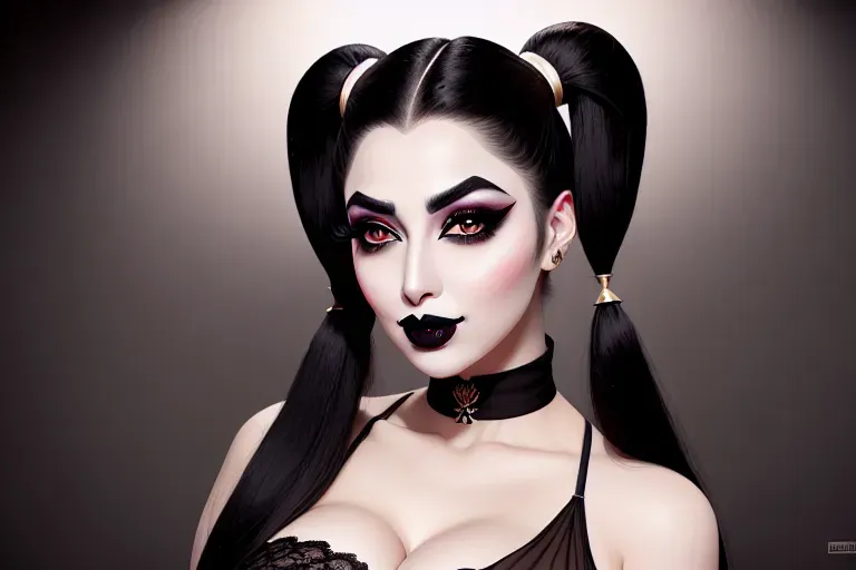 a pakistan girl amazing breasts charming face pale skin curved eyebrows beautiful lips studio lighting editorial pixiv surreal pigtails black lipstick toples