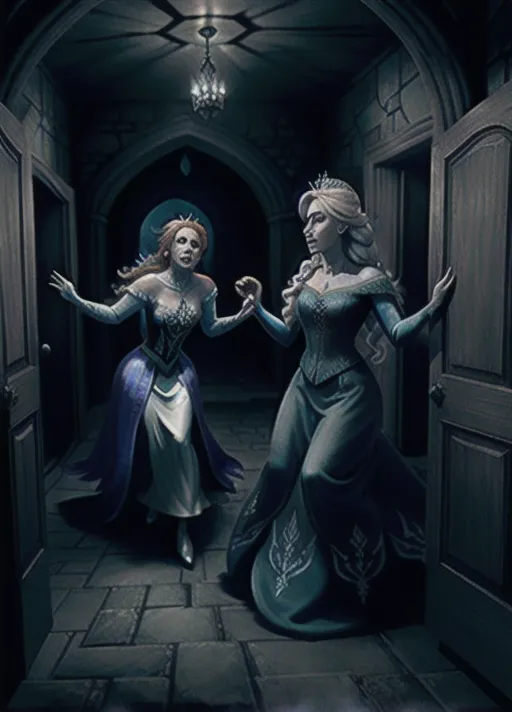 Beautiful terrified auburn haired Queen Anna and platinum haired Elsa of Arendelle exploring the very dark cramped spooky cobwebbed halls of a haunted house. A ghost floating through the wall. photorealistic.